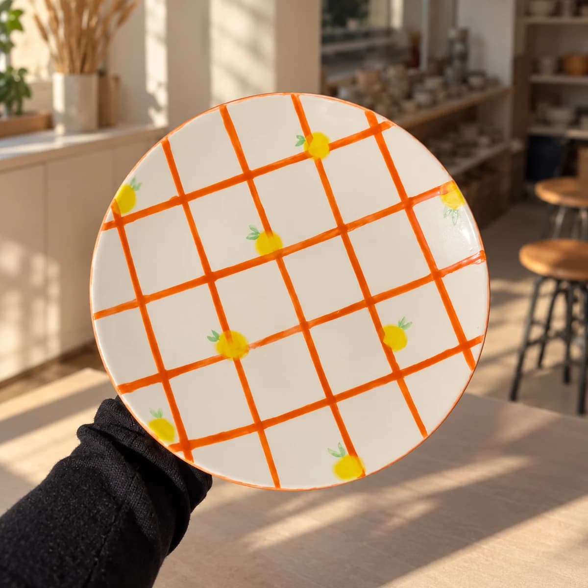 Assiette blanche peinte d’un quadrillage orange et de petits citrons jaunes